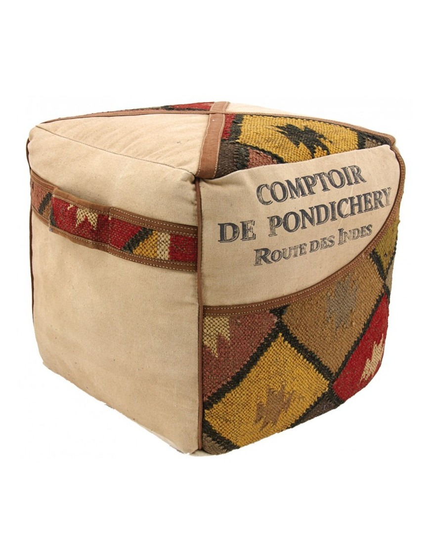 pouf ethnique cuir et coton kilim