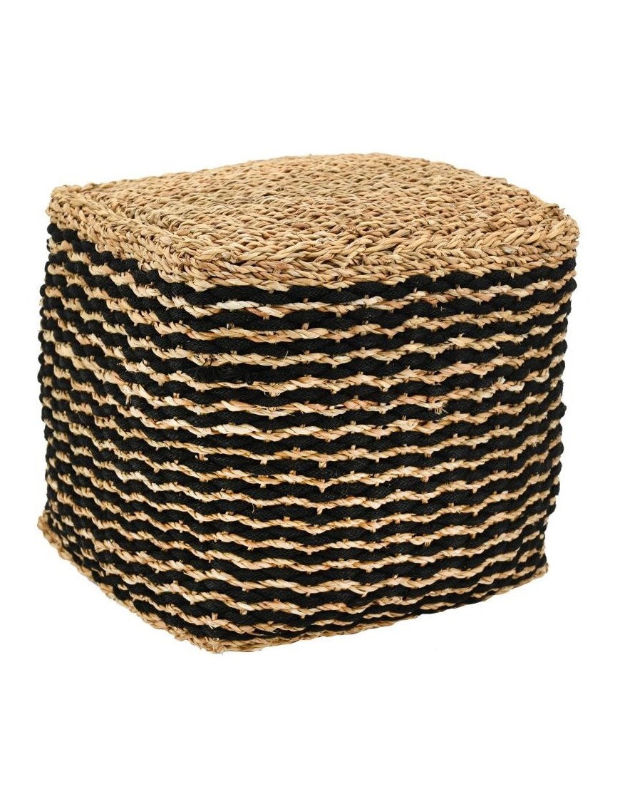 Pouf cube en jonc de mer Naturel/Noir L40 x P40 x H40 cm